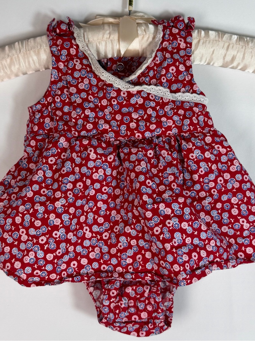 Faded Glory Newborn Girls Red Floral One Piece Dress Cotton V-Neck Snap Lace